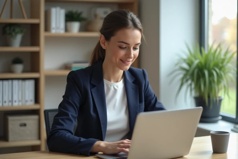 Femme professionnelle travaillant sur son ordinateur portable depuis son bureau à domicile pour développer son activité en ligne