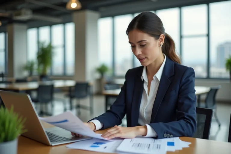 Femme professionnelle consultant des ressources de recherche d'emploi sur un ordinateur portable dans un espace de coworking moderne
