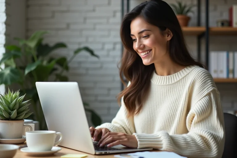 Femme cherchant un emploi sur une plateforme en ligne depuis son bureau à domicile