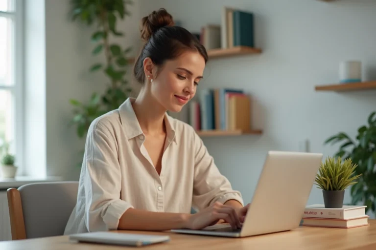 Femme consultant des ressources santé en ligne sur son ordinateur portable dans un bureau à domicile