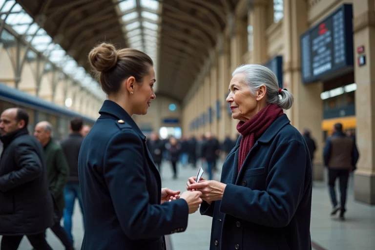 Une femme senior présentant sa carte SNCF au guichet d'une gare française