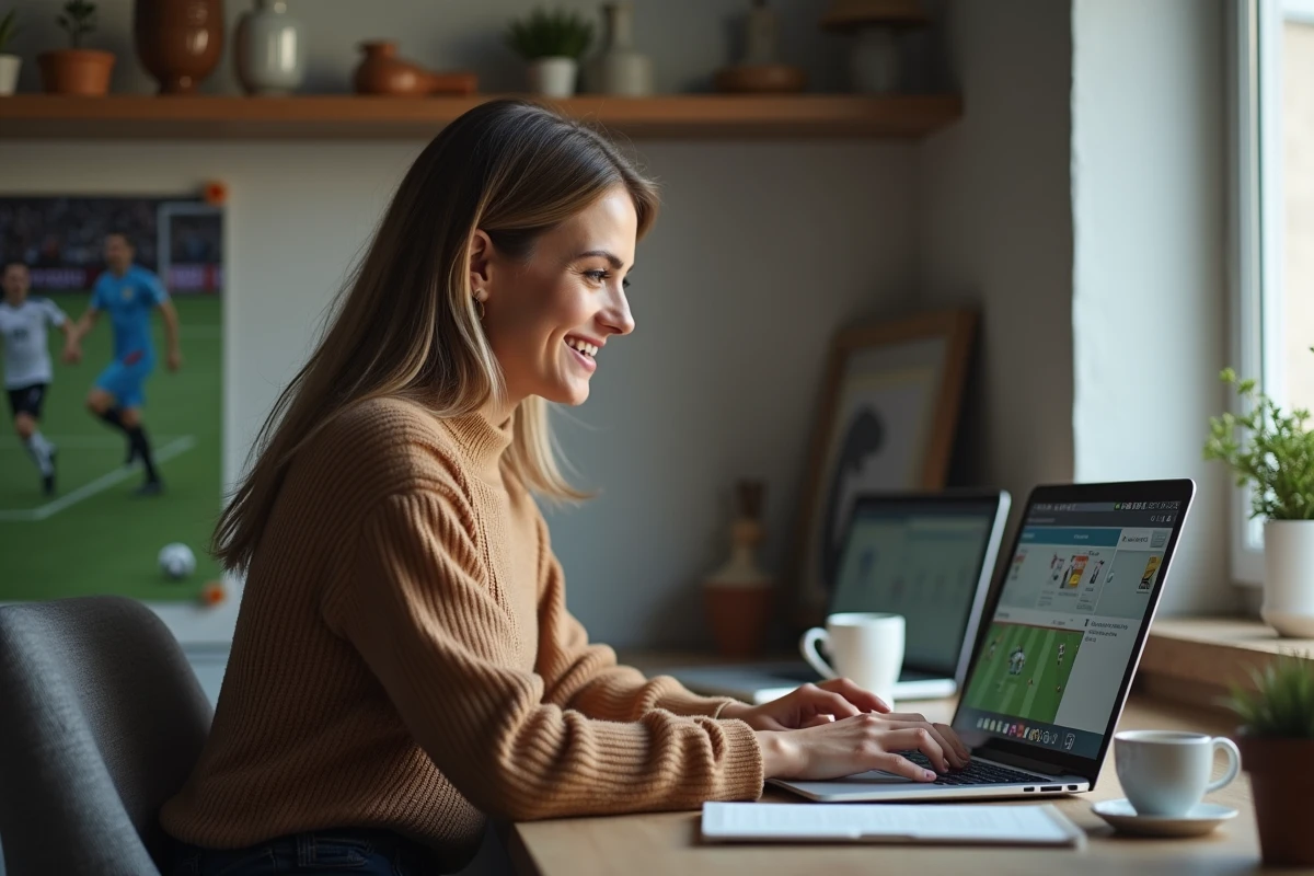 Femme souriante suivant un match de football sur son ordinateur dans un bureau