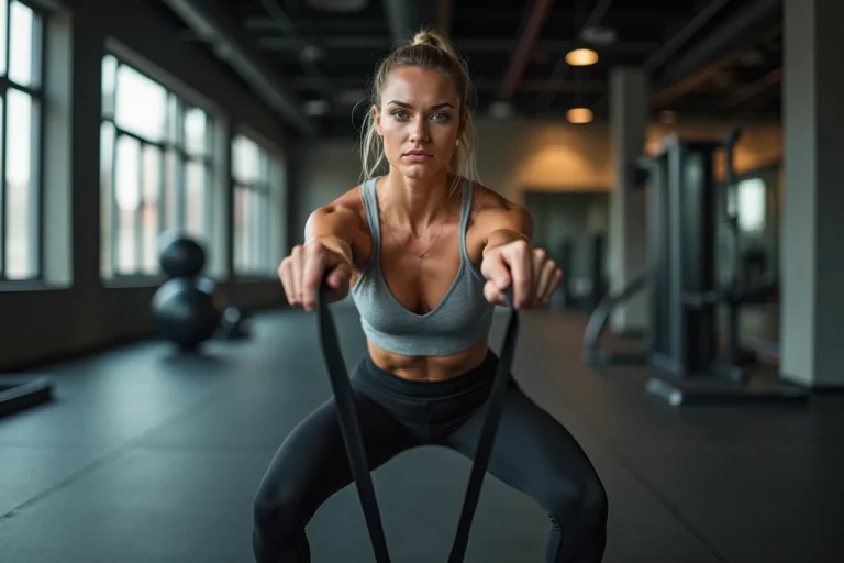 Femme en tenue de sport effectuant des squats avec bande élastique dans une salle de fitness moderne