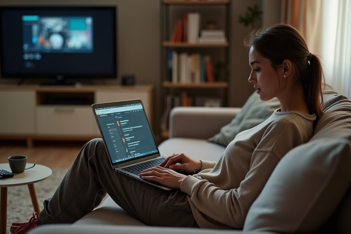 Femme utilisant un ordinateur portable sur un canapé pour accéder à des sites de téléchargement illégal en France
