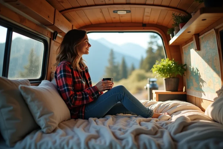 Jeune femme dans un van converti avec vue montagne
