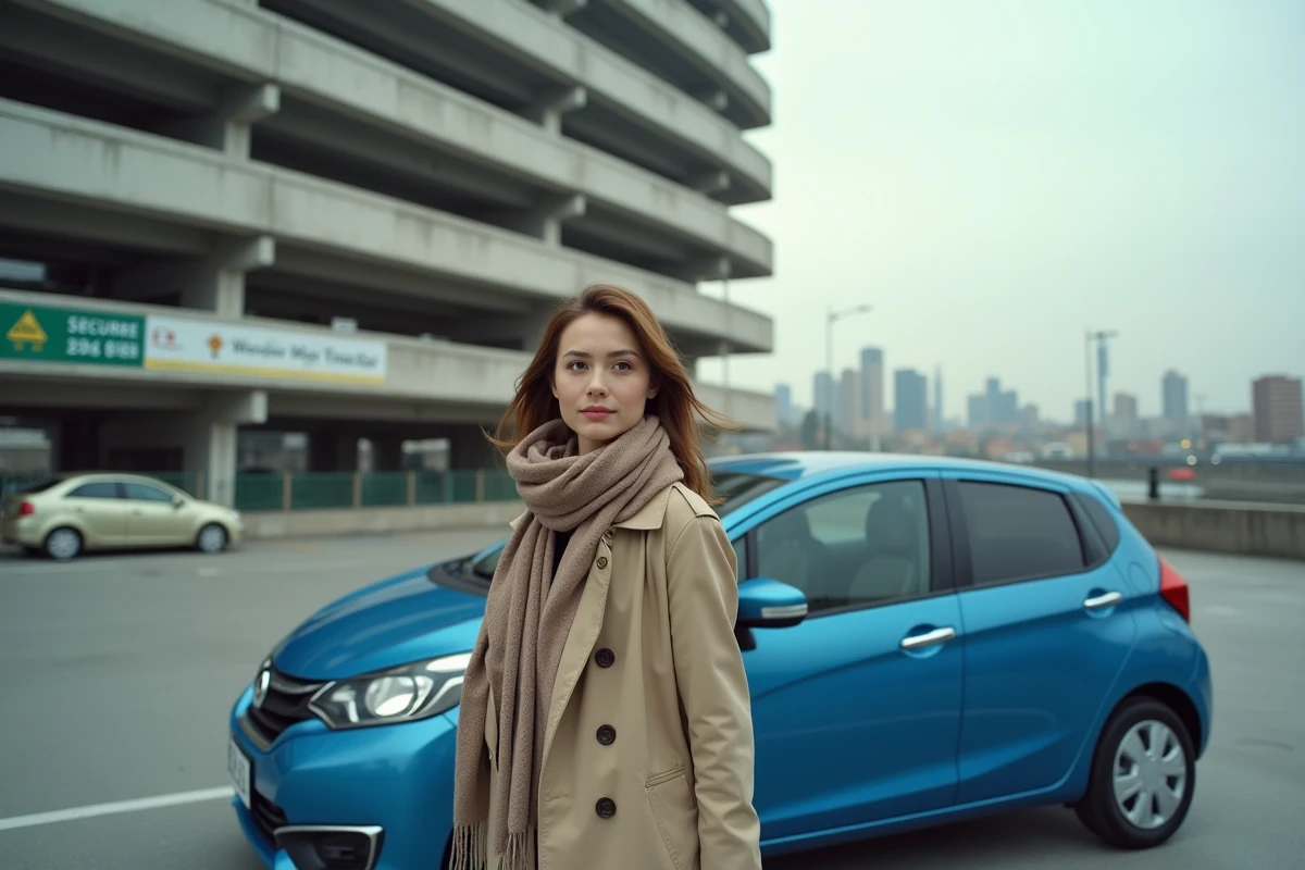 Jeune femme avec voiture dans parking urbain sécurisé