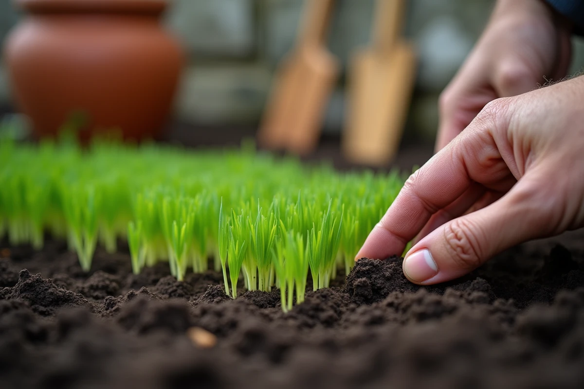 Germination de semences de gazon avec de jeunes pousses vertes émergeant du sol