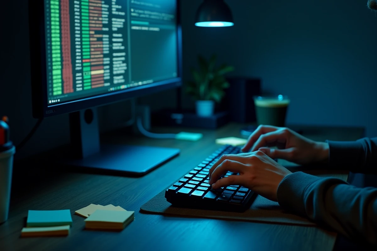 Gros plan sur des mains tapant au clavier devant un écran affichant un site de torrent illégal avec interface VPN
