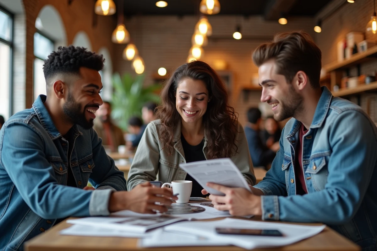 Groupe de jeunes adultes discutant des tendances et actualités de 2024 dans un café branché