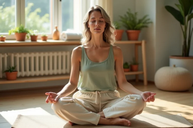Femme pratiquant la méditation sur un tapis en lin naturel dans un salon apaisant avec des plantes médicinales