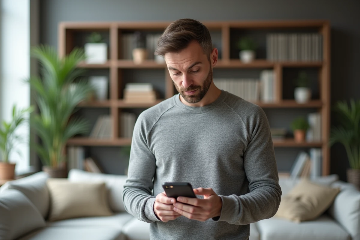 Homme consultant les dernières actualités et tendances 2024 sur son smartphone dans un salon minimaliste