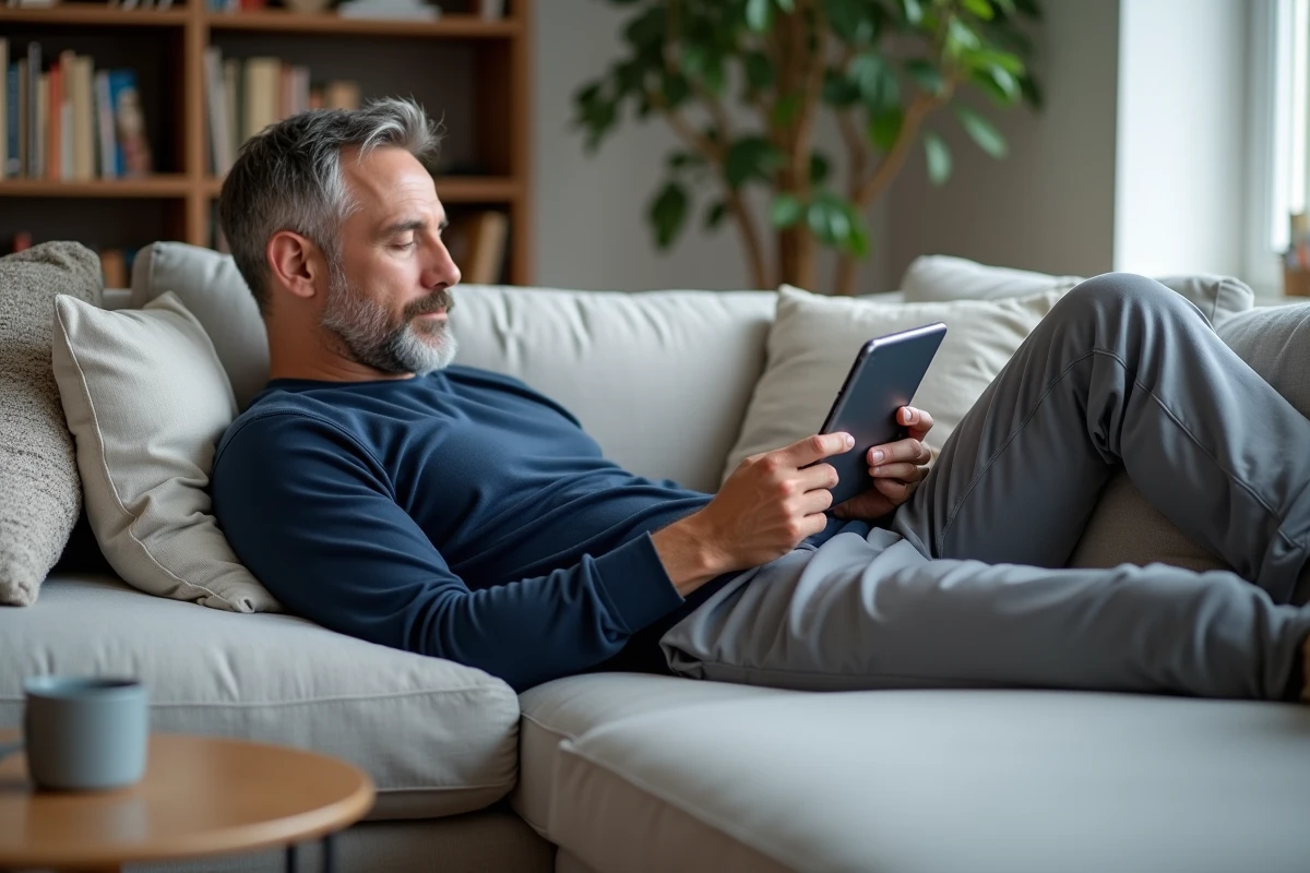 Hombre de edad madura utilizando una aplicación de bienestar en una tableta desde su sofá