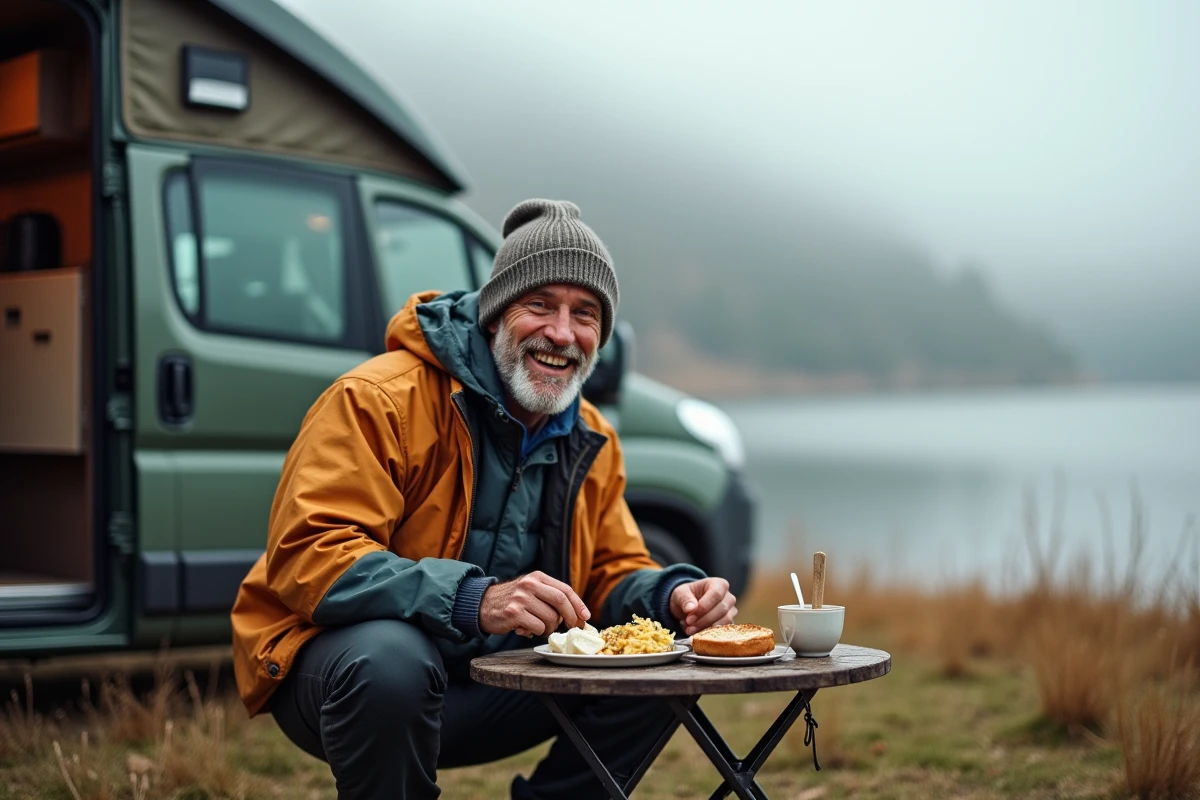 Homme préparant le petit déjeuner près du van au bord du lac