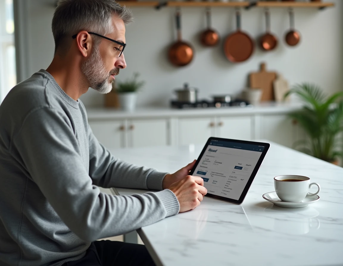 Homme consultant son compte PEA sur tablette à la maison pour gérer ses investissements en 2025