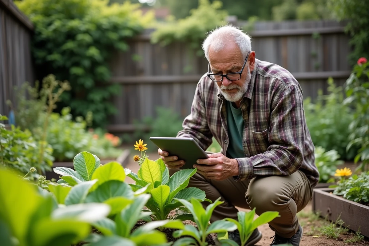 Homme âgé examinant une feuille dans son jardin avec tablette