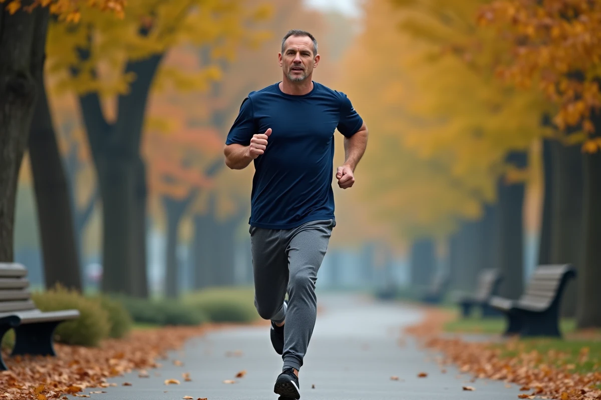Homme d'âge moyen faisant du jogging dans un parc urbain en automne lors d'une séance fitness en plein air
