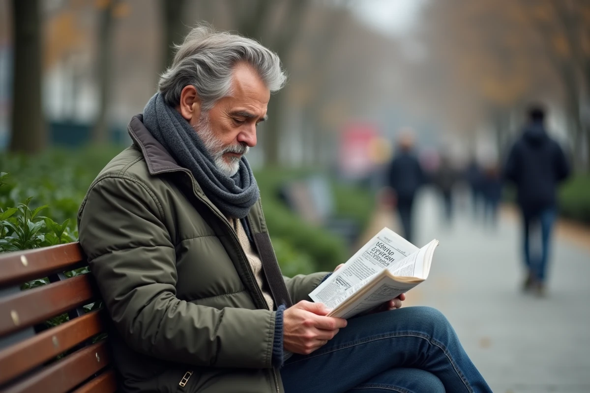 Homme lisant un journal dans un parc urbain