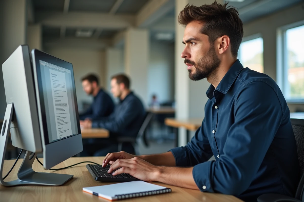 Homme consultant des offres d'emploi sur un ordinateur dans un espace de coworking
