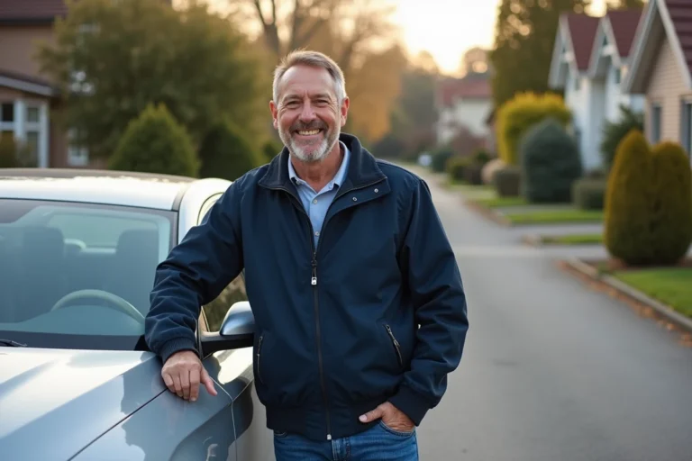 Homme souriant avec voiture en banlieue calme