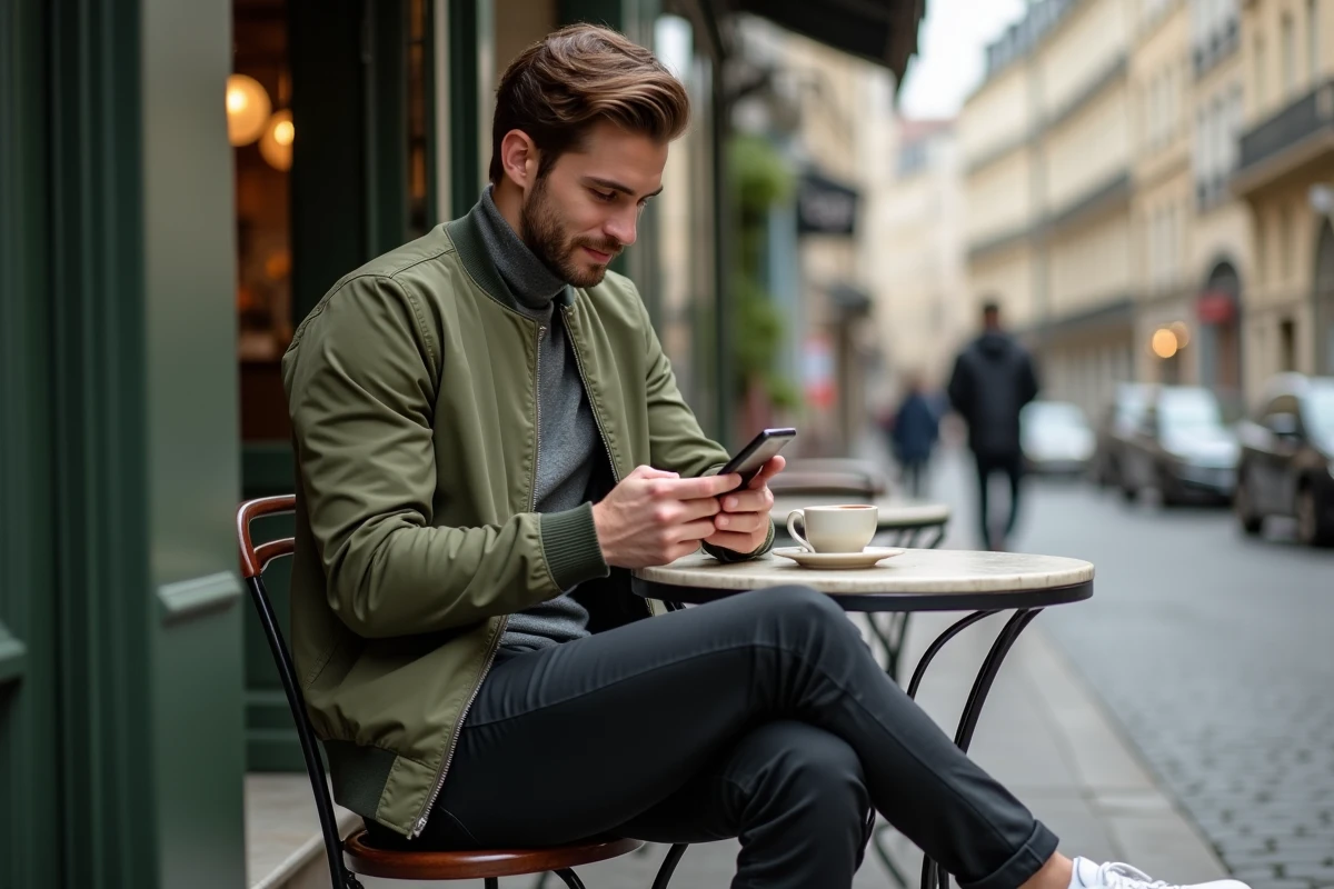 Homme stylé en bomber olive et turtleneck gris attablé dans un café parisien avec tenue décontractée chic