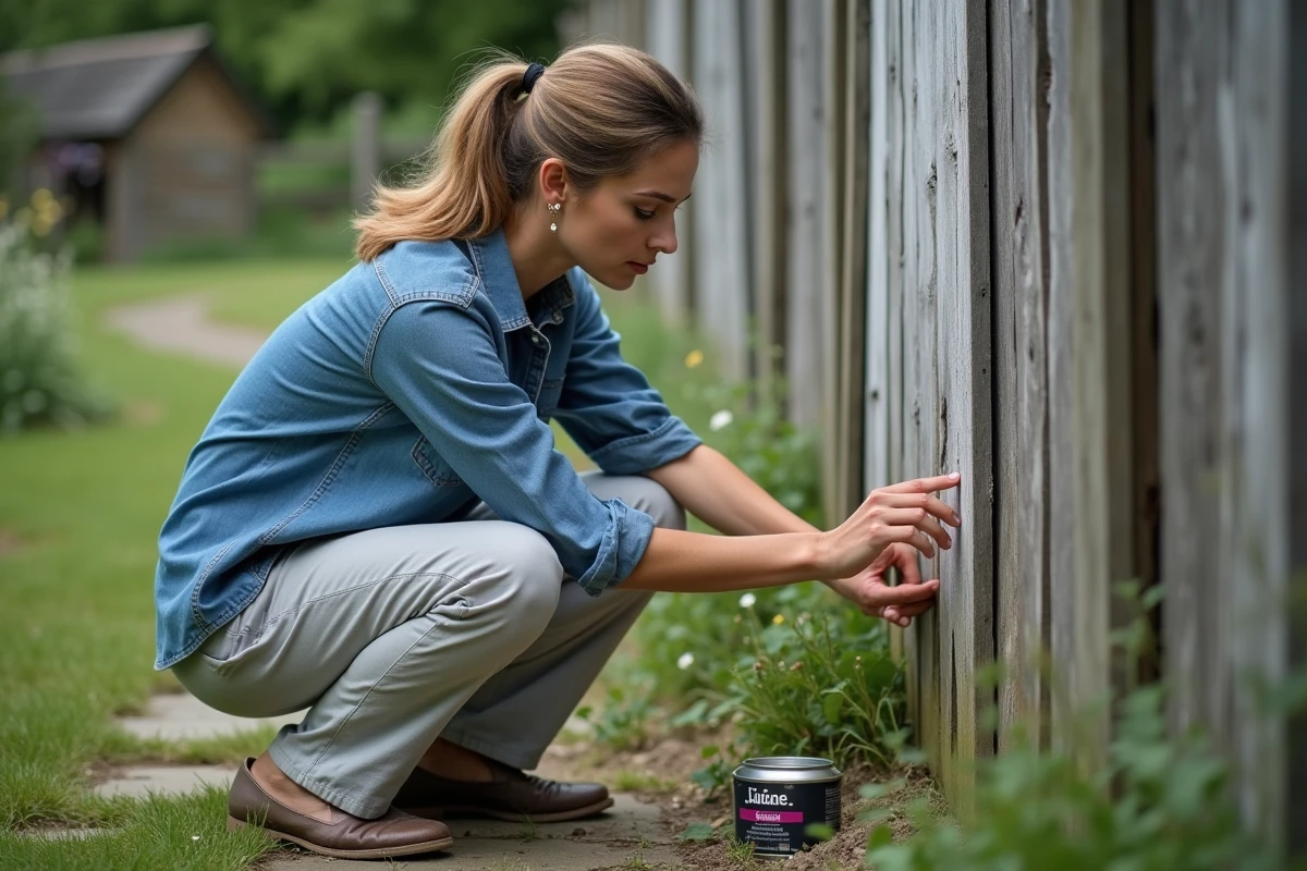 Femme inspectant une clôture en bois vieilli avant d'appliquer une lasure, avec un pot de produit ouvert au sol dans un jardin