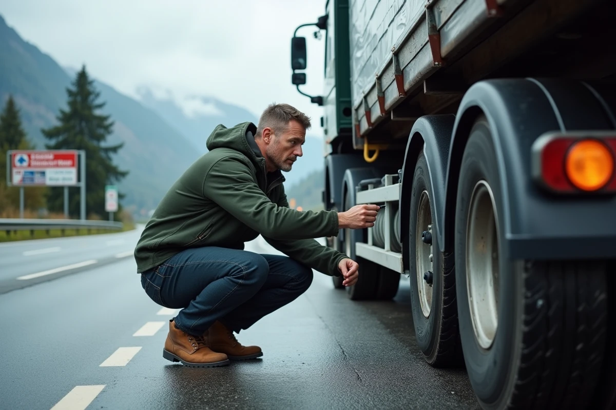 Chauffeur de camion poids lourd effectuant une inspection des pneus avant départ dans une aire d'autoroute en Suisse