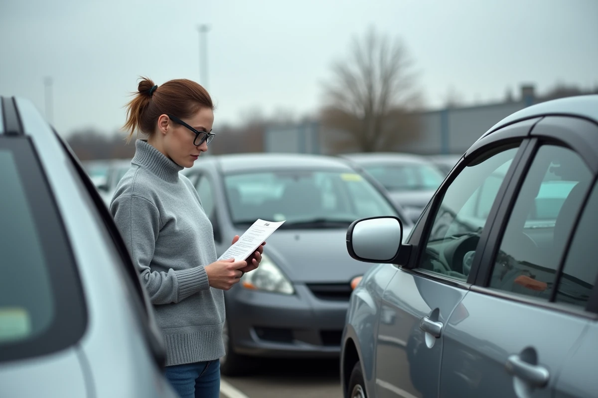 Femme inspectant l'intérieur d'une voiture lors d'une vente aux enchères automobile en extérieur