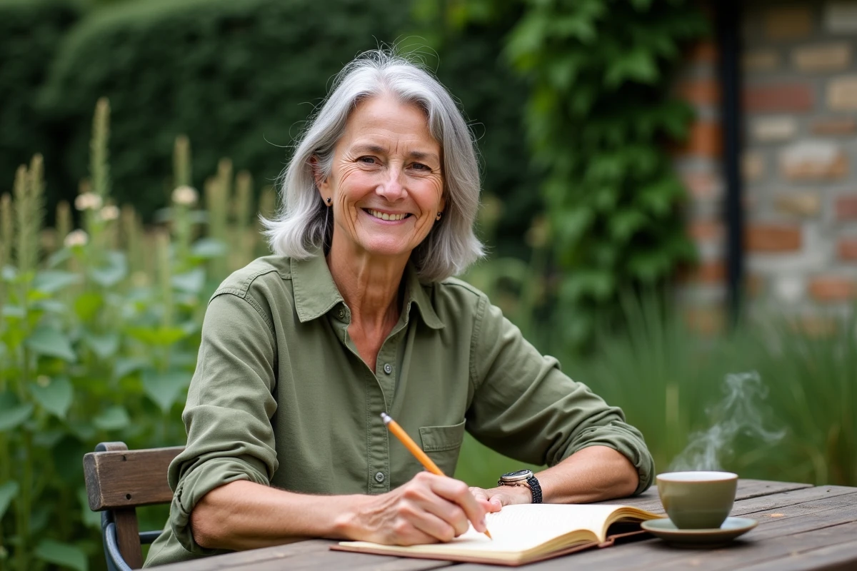 Femme aux cheveux argentés écrivant dans un journal dans un jardin de plantes médicinales avec une tasse de tisane