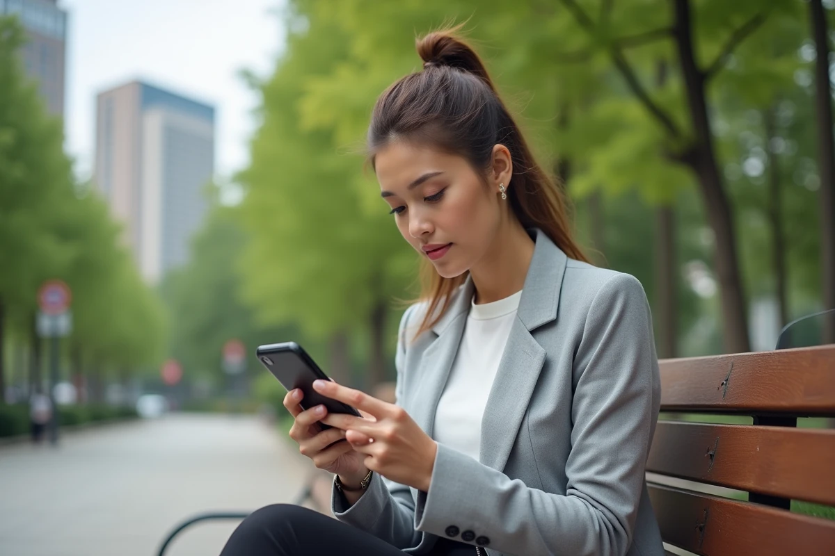 Jeune femme consultant une application de recherche d'emploi sur smartphone dans un parc urbain