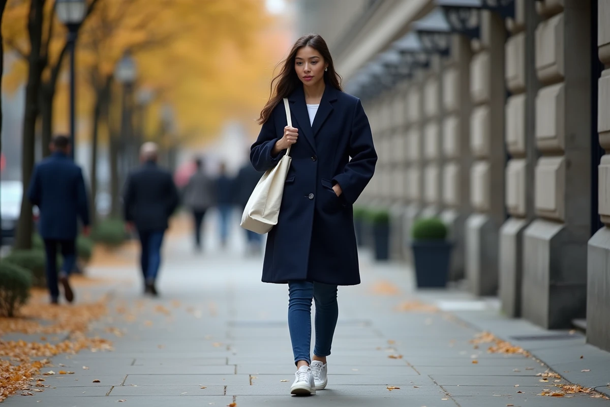 Jeune femme discrète marchant seule dans une rue d'automne, portrait candide évoquant une vie loin de la célébrité