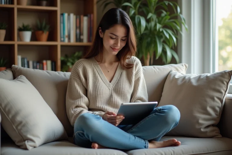 Jeune femme lisant une tablette dans un salon cosy