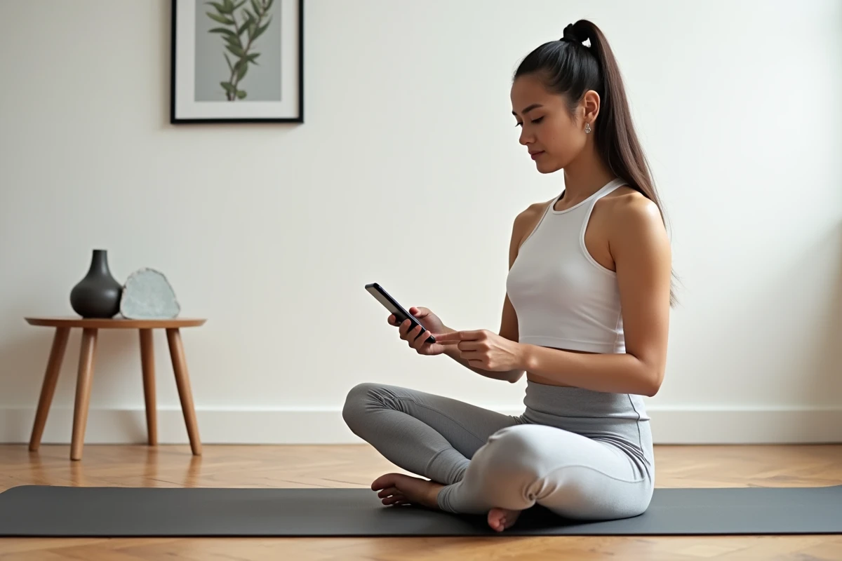 Joven mujer consultando un recurso de salud en línea en su smartphone después de una sesión de yoga