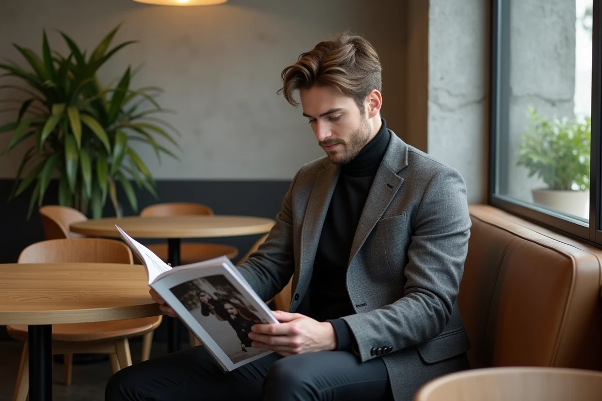 Jeune homme dans un café moderne lisant un magazine