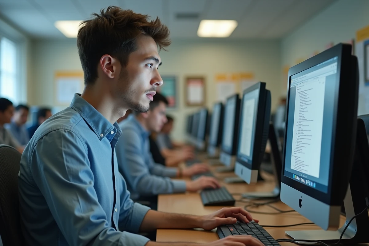 Jeune homme étudiant en informatique dans une salle d