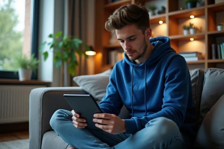 Jeune homme regardant des streams sportifs sur une tablette dans un salon cosy