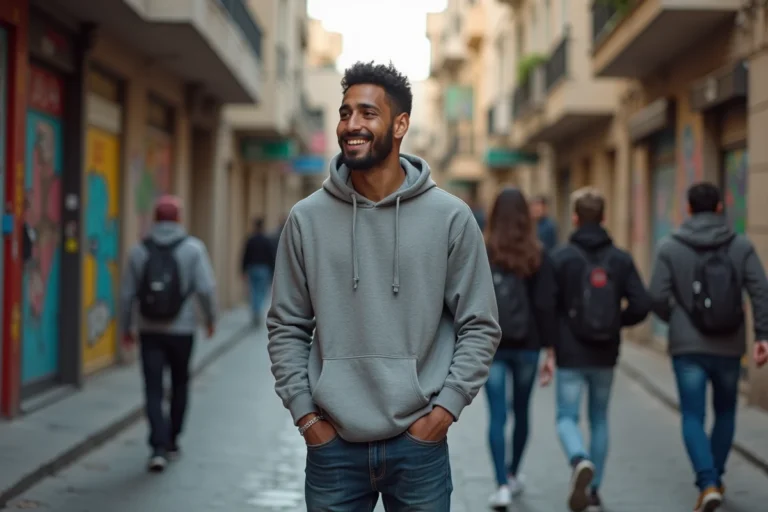 Jeune homme nord-africain en ville avec amis