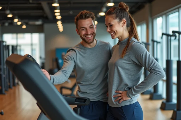 Jeune homme et femme souriants en sportwear moderne examinant un tapis roulant