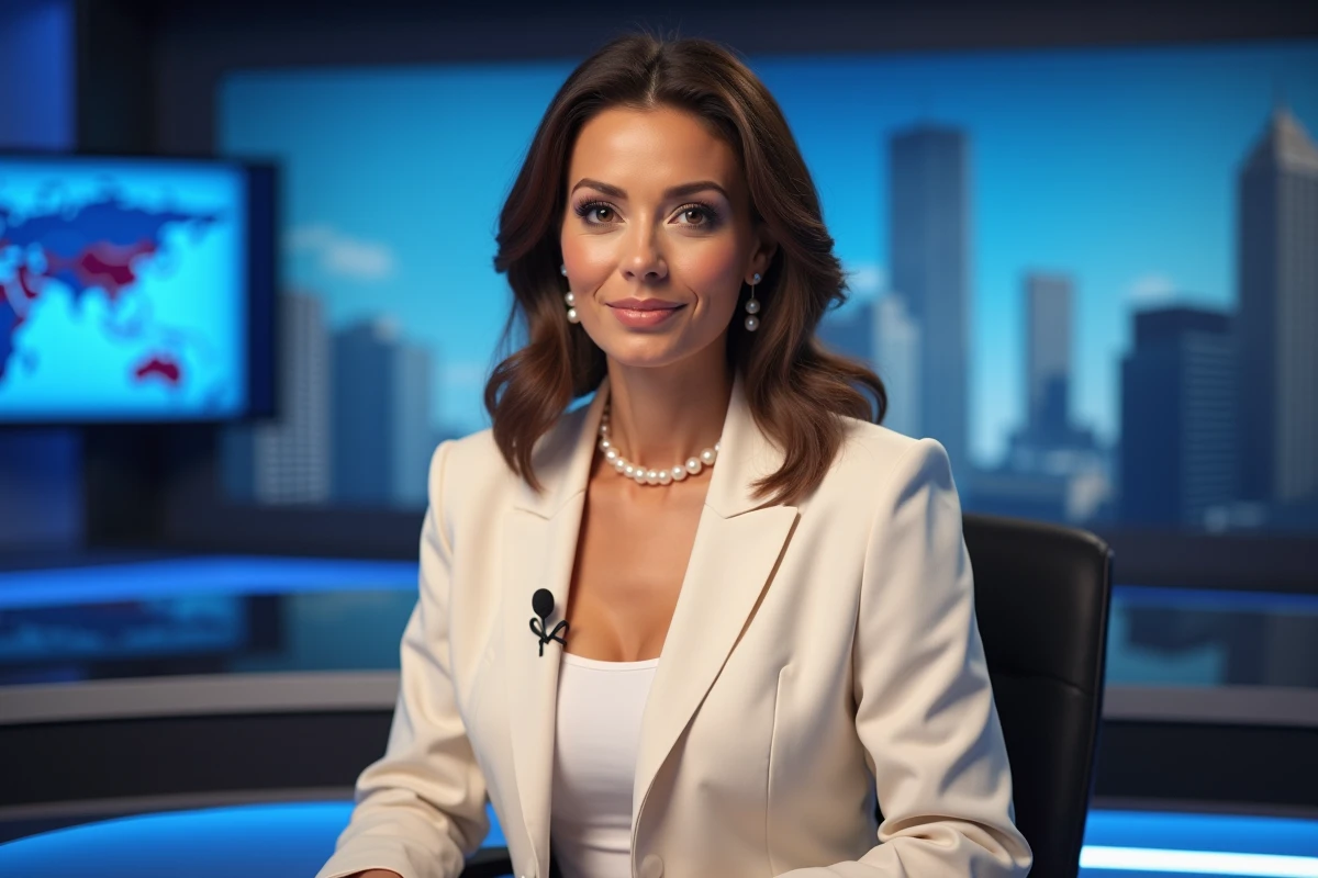 Femme journaliste professionnelle assise à un bureau de plateau télévisé, illustrant un article sur Charlotte d'Ornellas et les rumeurs de mariage