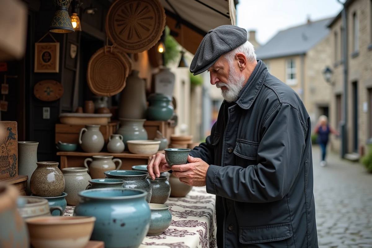 Marché artisanal breton en plein air avec poteries, paniers tressés et homme examinant une céramique sur une place pavée