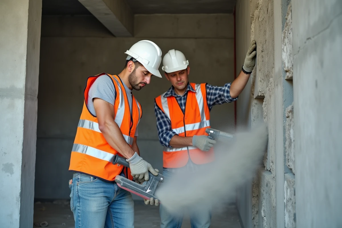 Deux ouvriers du bâtiment réalisant l'ouverture d'un mur porteur avec pose d'un linteau en acier