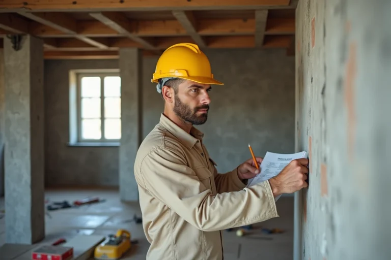 Ouvrier en combinaison de travail examinant un mur porteur lors d'une rénovation intérieure