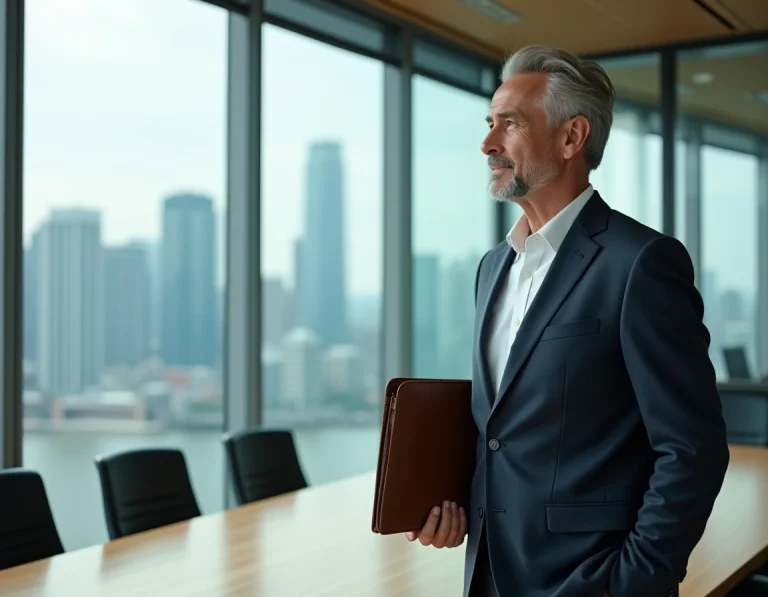 PDG d'une grande entreprise française en costume dans une salle de réunion moderne avec vue sur la ville
