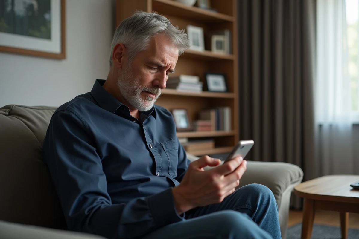 Père d'âge mûr assis seul dans son salon, tenant son téléphone avec une expression hésitante en cherchant à recontacter son fils adulte