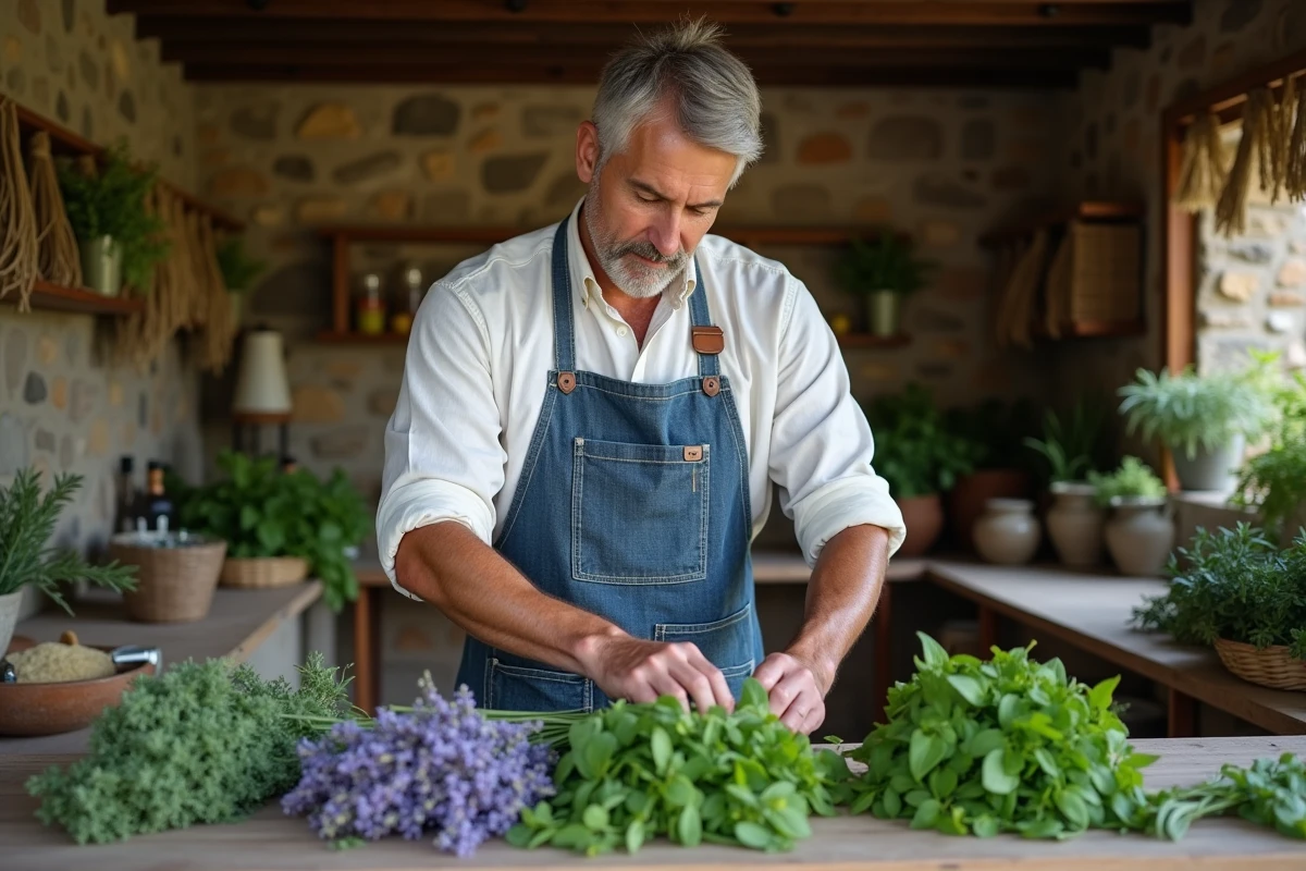Homme arrangeant des plantes médicinales fraîches comme la lavande et la camomille dans une cuisine de ferme rustique