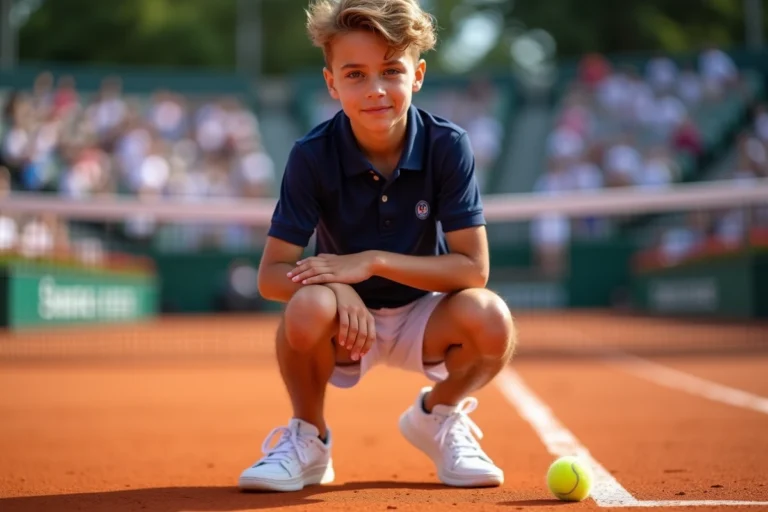 Ramasseur de balles en uniforme officiel Roland Garros accroupi sur la terre battue, prêt à récupérer une balle de tennis