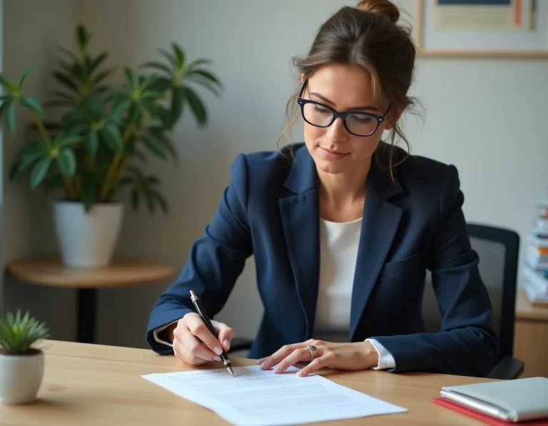 Femme professionnelle en blazer marine relisant attentivement un contrat d'assurance vie avant de le résilier, stylo en main, dans un bureau moderne organisé