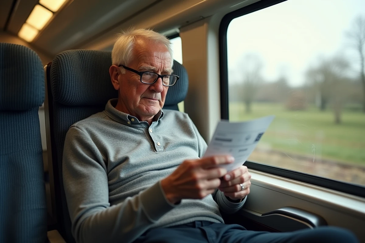 Un homme retraité consultant son billet SNCF dans un wagon de TGV