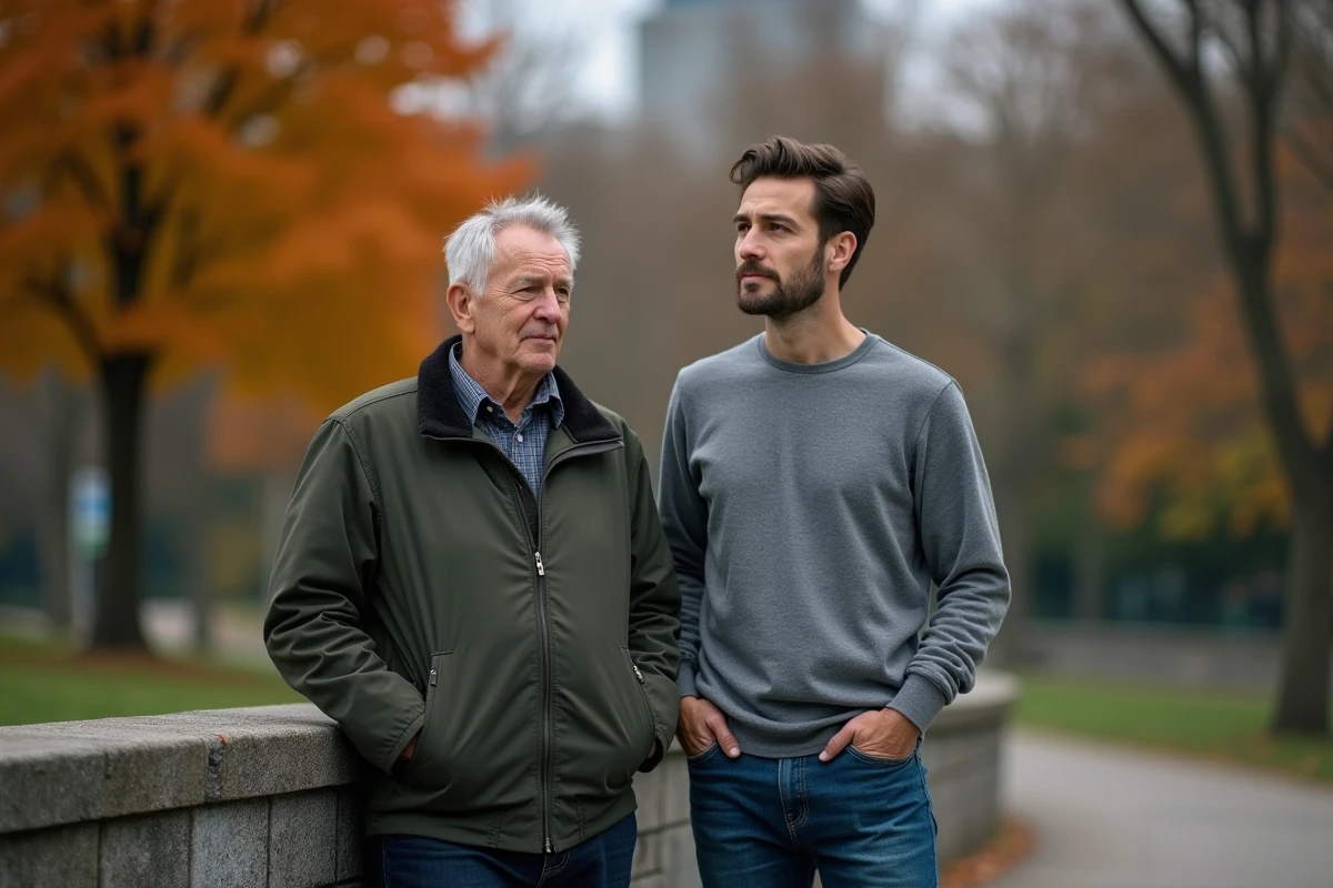 Père âgé et son fils adulte appuyés sur un muret en pierre dans un parc en automne, partageant un moment de silence complice
