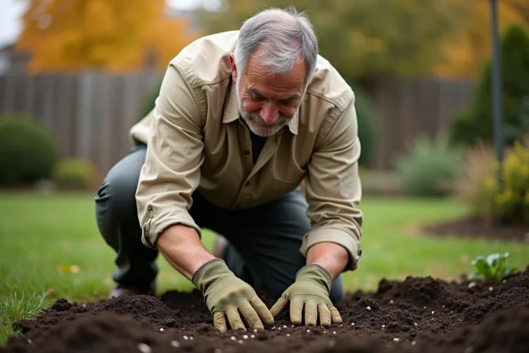 Homme semant du gazon à la main sur un sol préparé dans un jardin en automne