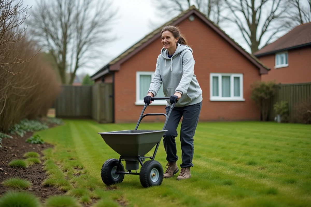 Femme utilisant un semoir à gazon au printemps dans un jardin résidentiel